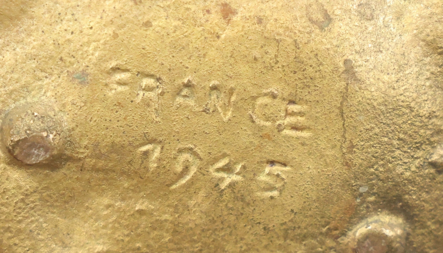 Lot 046 - Vintage Cast Brass Ashtray With Walking Miner Smoking Pipe, Carrying Pickaxe, World War Two Era, Stamped France, 1945, Depose