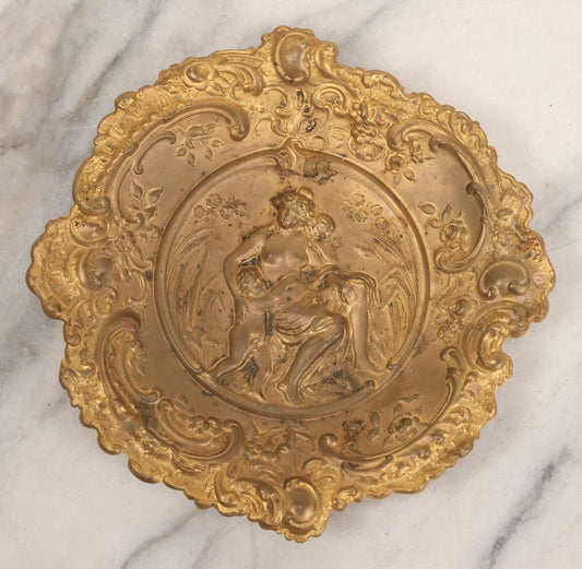 Lot 050 - Vintage Ornate Pressed Brass Repousse Catch All Tray With Nude Woman, Children, Marked L.W./S.U. On Verso