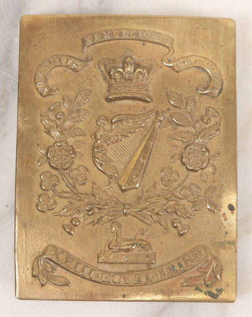Lot 051 - Antique 18th Royal Irish Regiment Of Foot Brass Belt Plate With Crown, Harp, And Regimental Motto, With Applied Feet