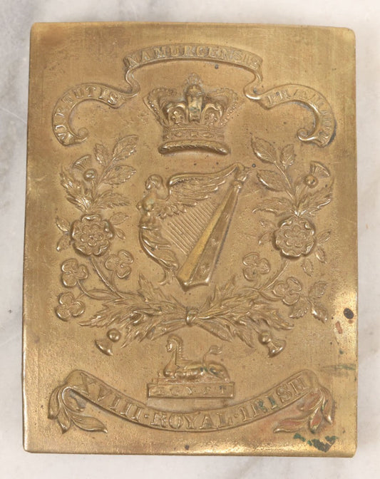 Lot 051 - Antique 18th Royal Irish Regiment Of Foot Brass Belt Plate With Crown, Harp, And Regimental Motto, With Applied Feet