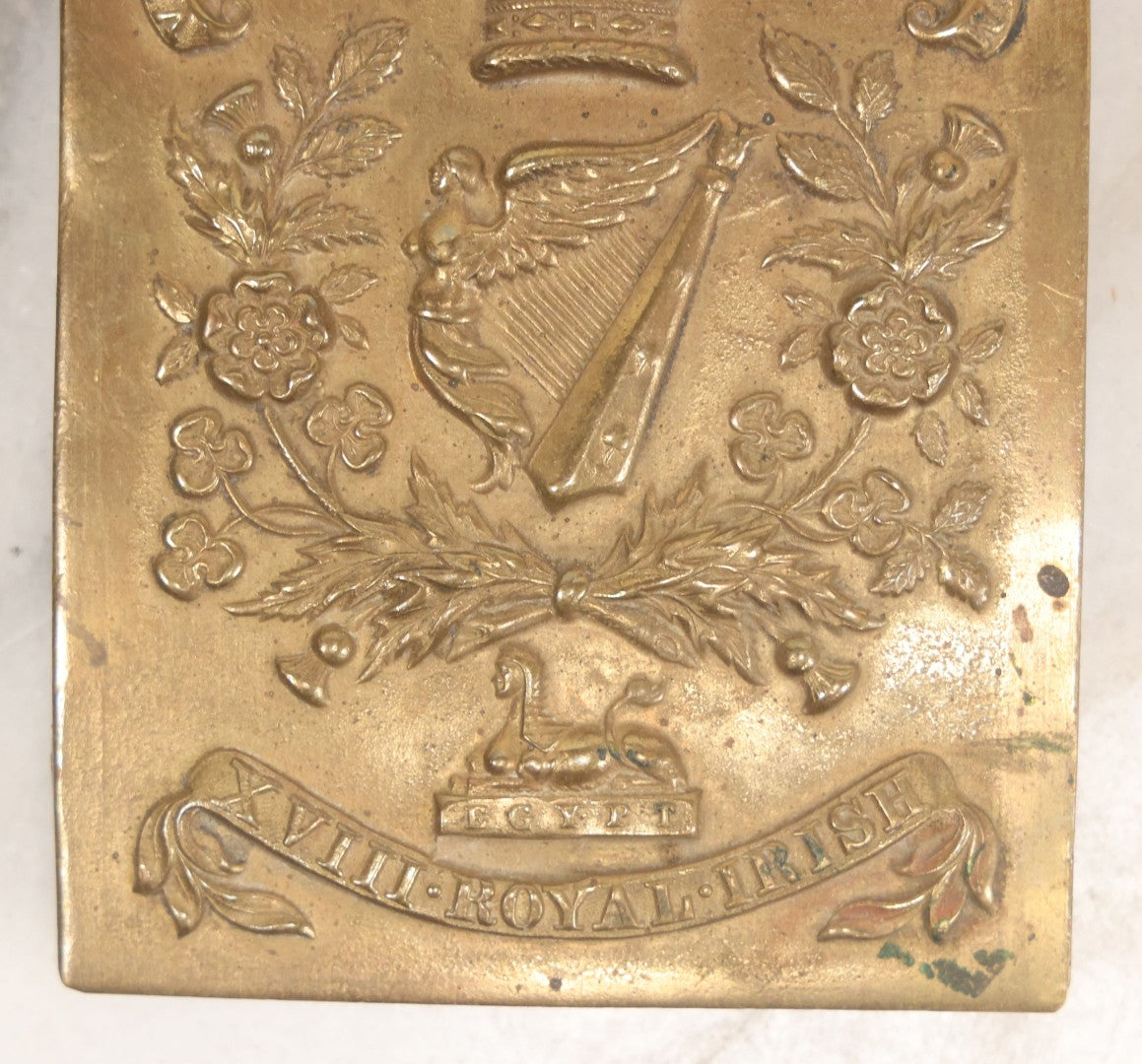 Lot 051 - Antique 18th Royal Irish Regiment Of Foot Brass Belt Plate With Crown, Harp, And Regimental Motto, With Applied Feet