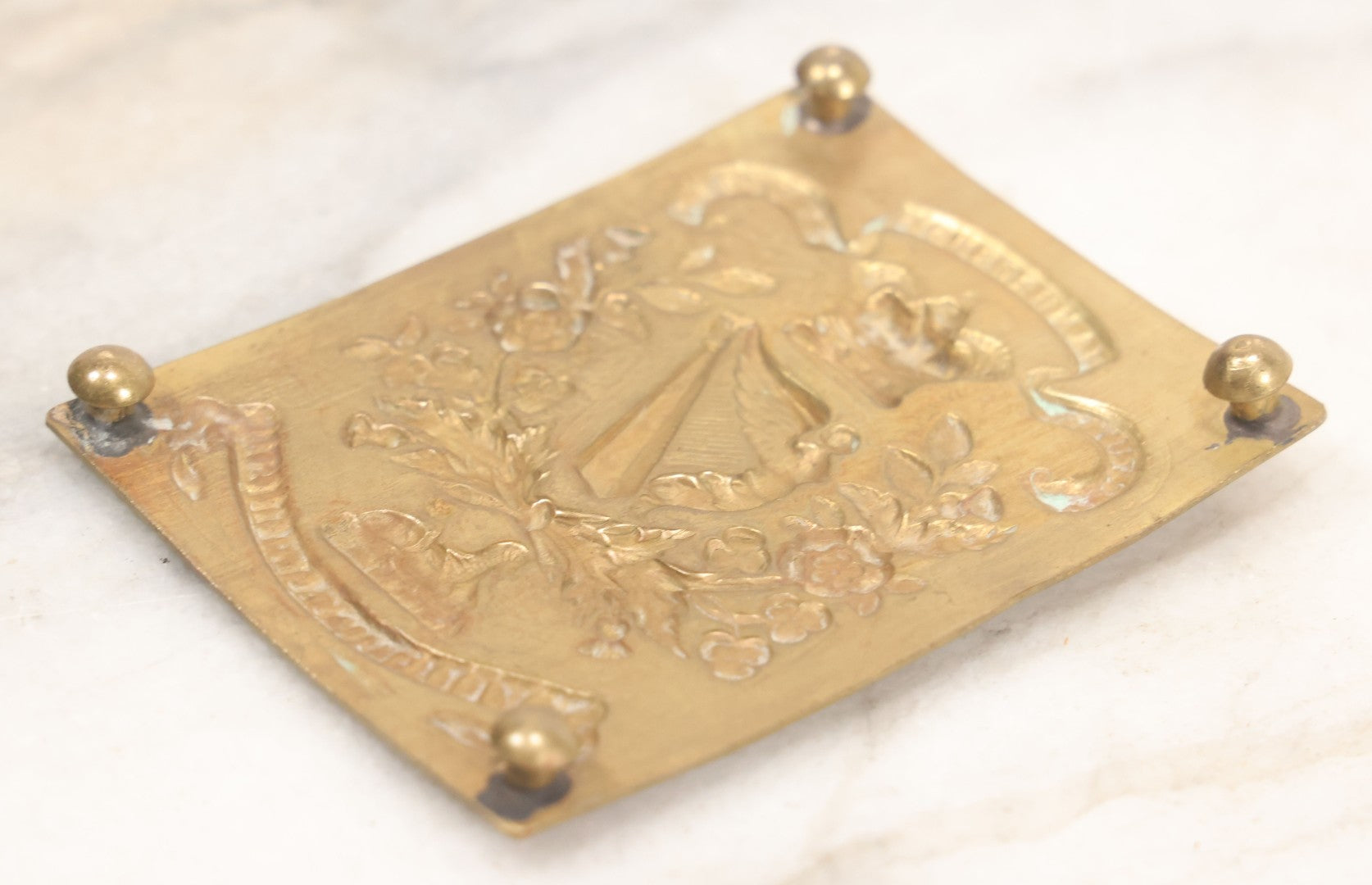 Lot 051 - Antique 18th Royal Irish Regiment Of Foot Brass Belt Plate With Crown, Harp, And Regimental Motto, With Applied Feet