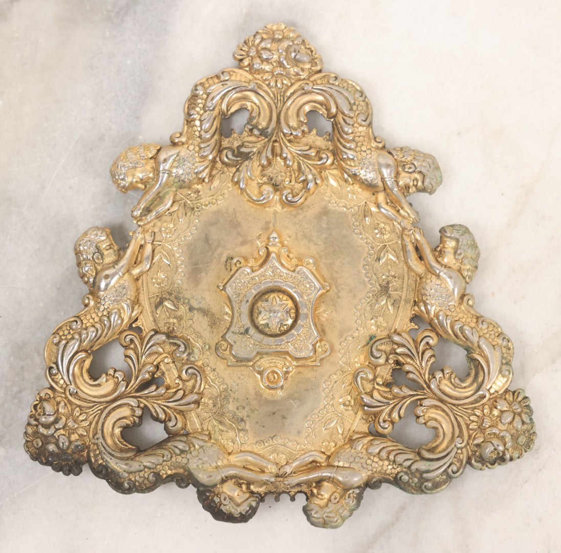 Lot 052 - Antique Ornate Gilt Brass Fragment With Mermen, Cherubs, And Foliate Scrollwork