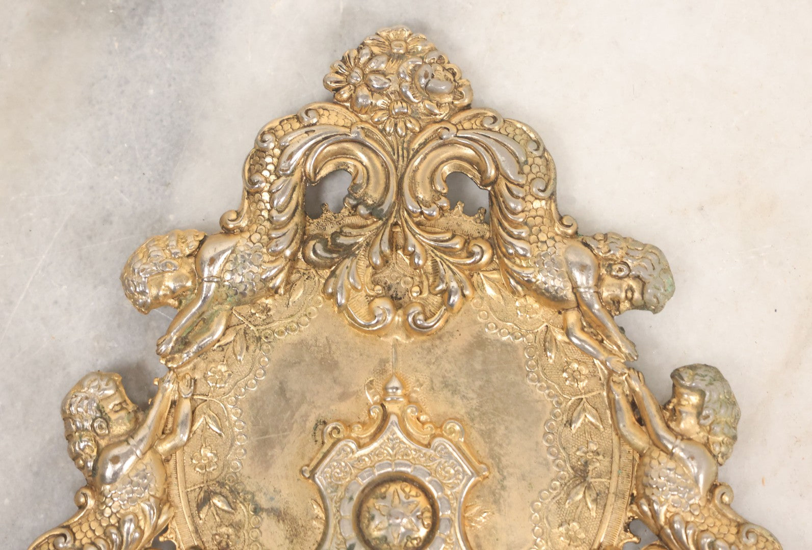Lot 052 - Antique Ornate Gilt Brass Fragment With Mermen, Cherubs, And Foliate Scrollwork