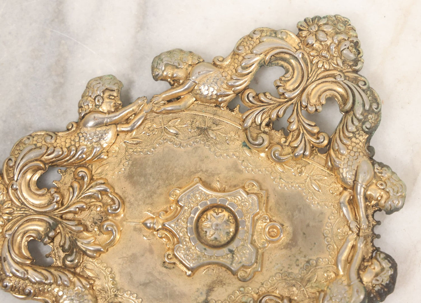 Lot 052 - Antique Ornate Gilt Brass Fragment With Mermen, Cherubs, And Foliate Scrollwork