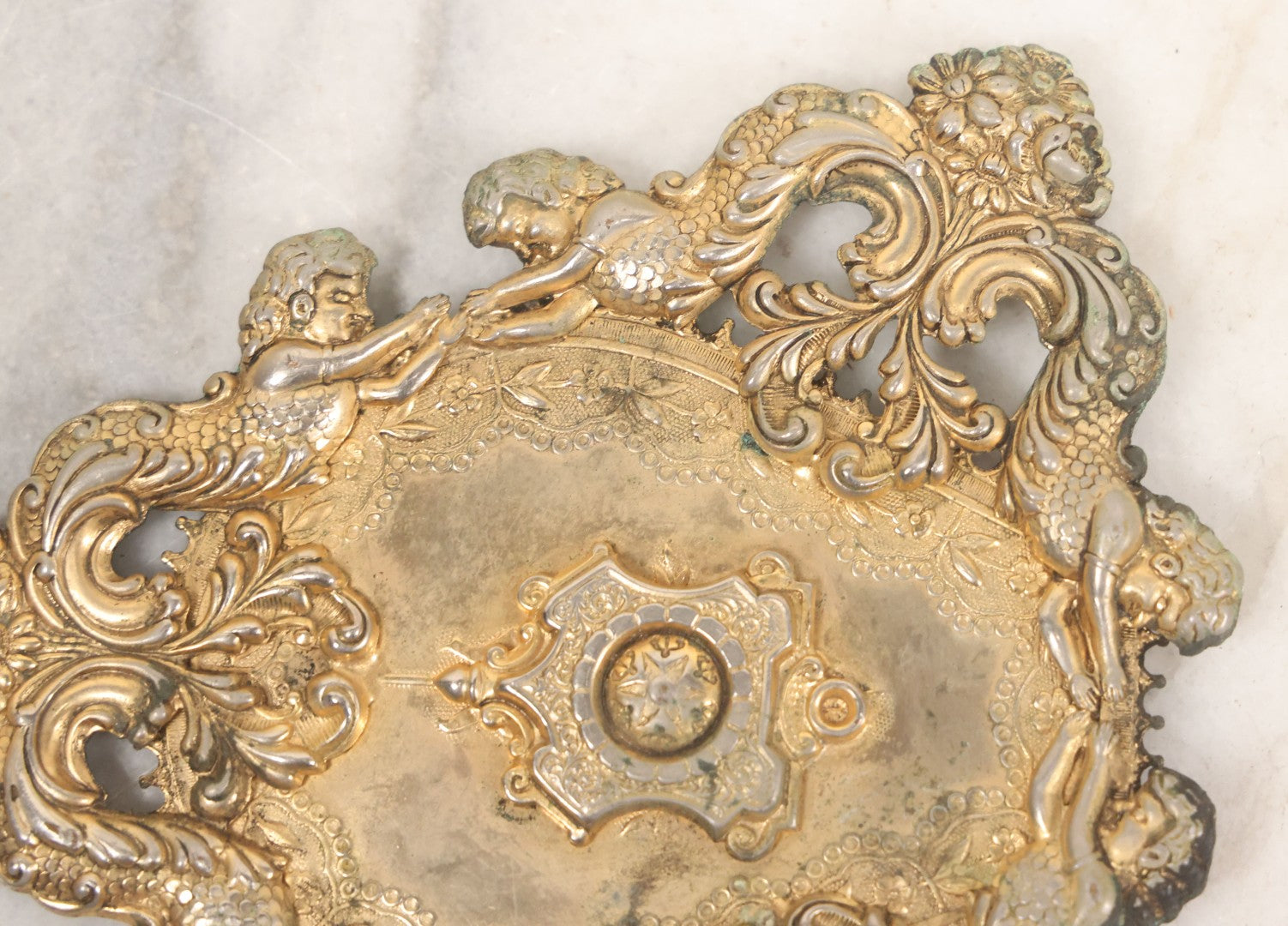 Lot 052 - Antique Ornate Gilt Brass Fragment With Mermen, Cherubs, And Foliate Scrollwork