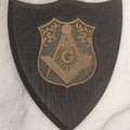 Lot 057 - Vintage Cast Brass Masonic Compass And Square Insignia Symbol Mounted To Wood Shield, Paperweight, Partial Paper Label On Verso, Boston, 4-1/8" x 4-7/8"