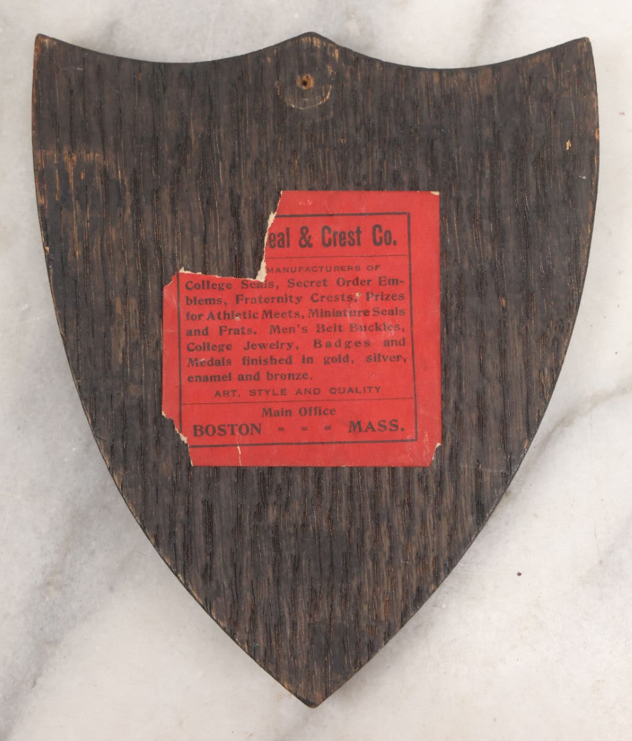 Lot 057 - Vintage Cast Brass Masonic Compass And Square Insignia Symbol Mounted To Wood Shield, Paperweight, Partial Paper Label On Verso, Boston