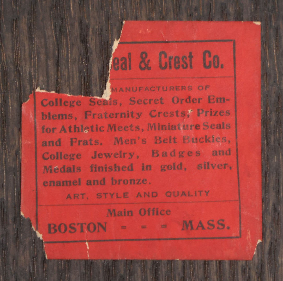 Lot 057 - Vintage Cast Brass Masonic Compass And Square Insignia Symbol Mounted To Wood Shield, Paperweight, Partial Paper Label On Verso, Boston