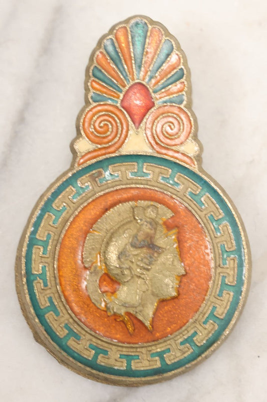 Lot 060 - Vintage Cast Brass And Enamel Cloisonne Paper Clip With Roman Soldier, Ancient Ruins Motif