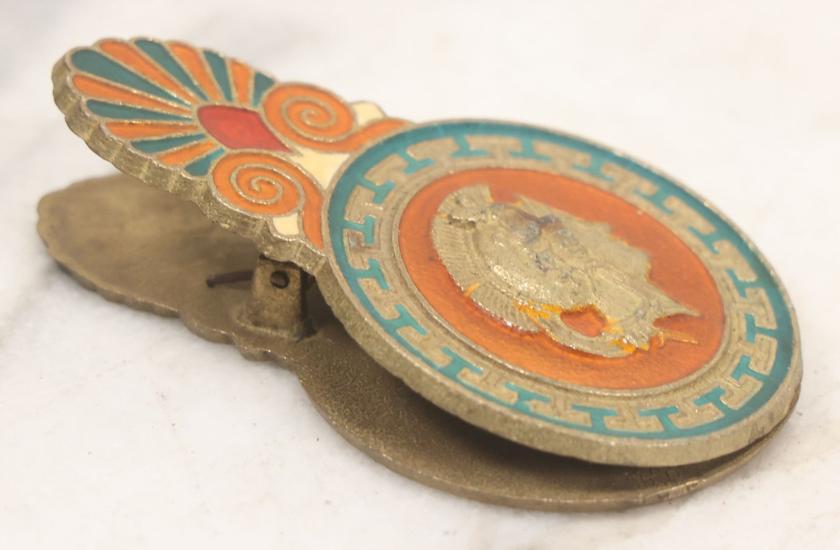 Lot 060 - Vintage Cast Brass And Enamel Cloisonne Paper Clip With Roman Soldier, Ancient Ruins Motif