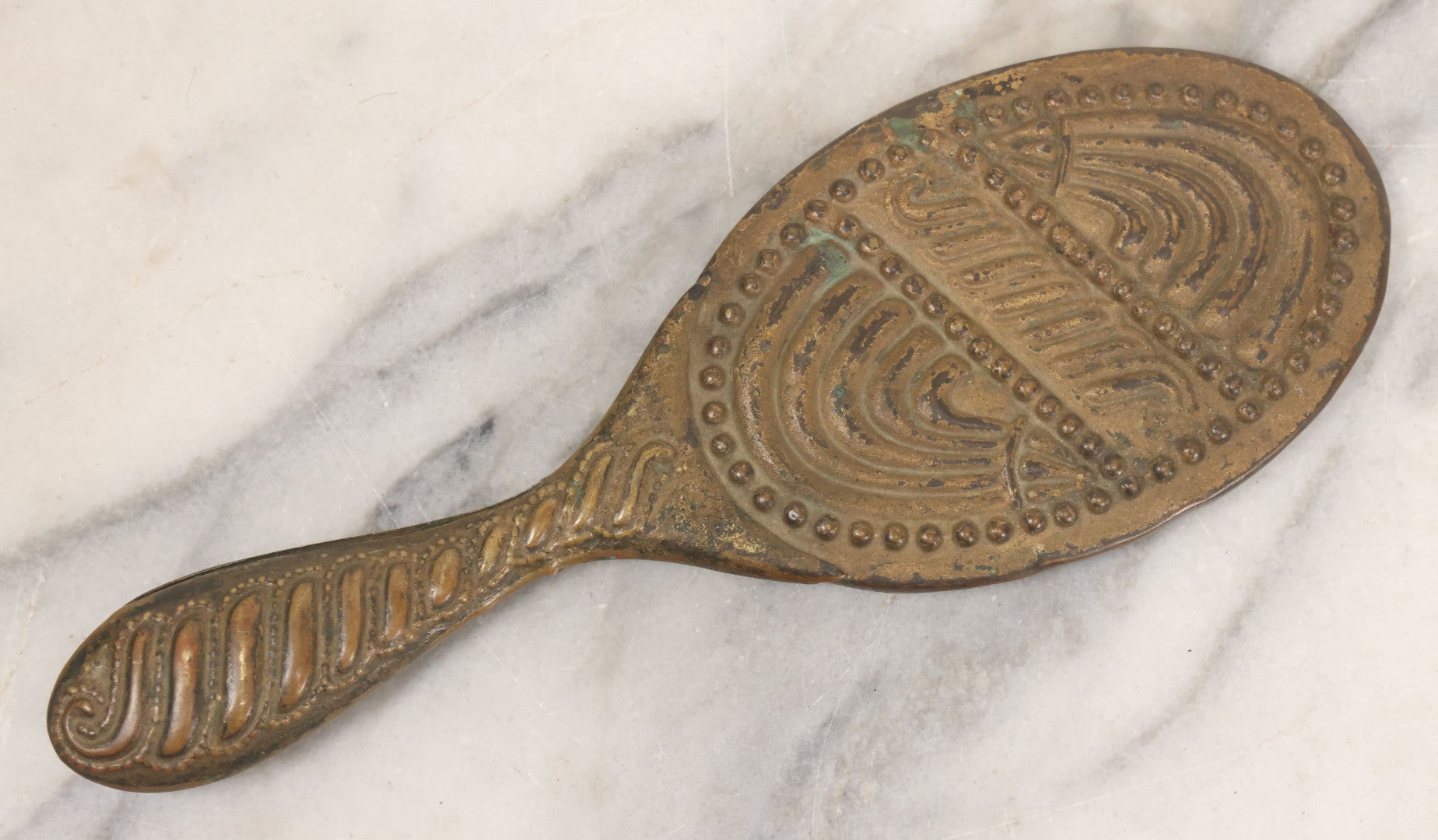 Lot 063 - Antique Pressed Brass Repousse Hand Mirror