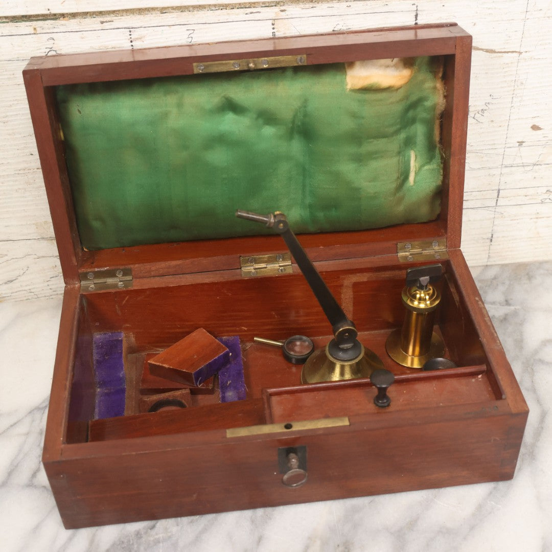 Lot 066 - Antique French Brass Microscope With Case And Contents, Manufactured By C. Verick, Paris, Circa 1885, Missing Note Parts, Many Loose Parts In Box