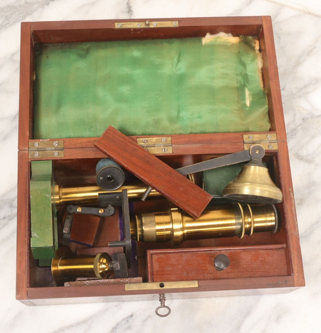 Lot 066 - Antique French Brass Microscope With Case And Contents, Manufactured By C. Verick, Paris, Circa 1885, Missing Note Parts, Many Loose Parts In Box