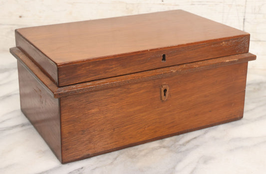 Lot 067 - Antique Handmade Wooden Desk Organizer Box With Tray Hidden In Lid, Additional Tray And Storage With Compartment On Interior, Hand Cut Wood Escutcheon