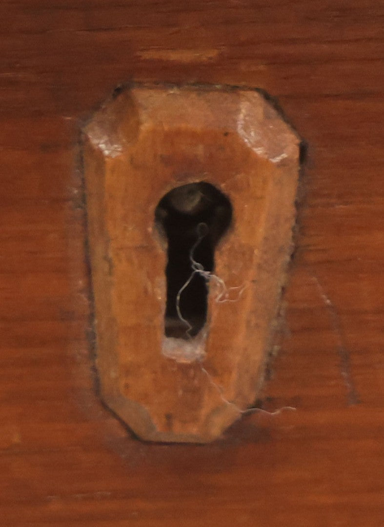 Lot 067 - Antique Handmade Wooden Desk Organizer Box With Tray Hidden In Lid, Additional Tray And Storage With Compartment On Interior, Hand Cut Wood Escutcheon