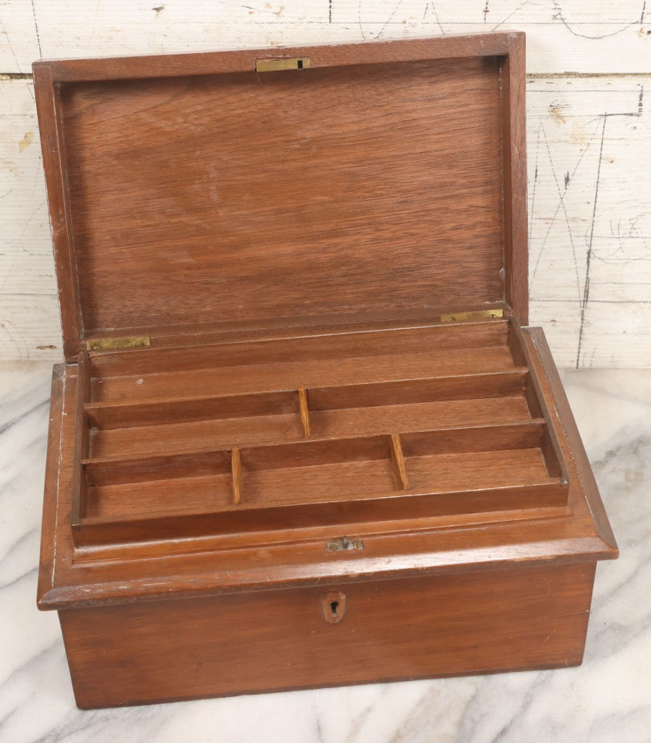 Lot 067 - Antique Handmade Wooden Desk Organizer Box With Tray Hidden In Lid, Additional Tray And Storage With Compartment On Interior, Hand Cut Wood Escutcheon