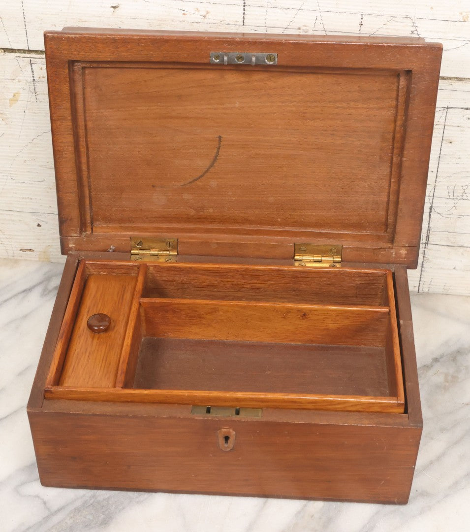 Lot 067 - Antique Handmade Wooden Desk Organizer Box With Tray Hidden In Lid, Additional Tray And Storage With Compartment On Interior, Hand Cut Wood Escutcheon