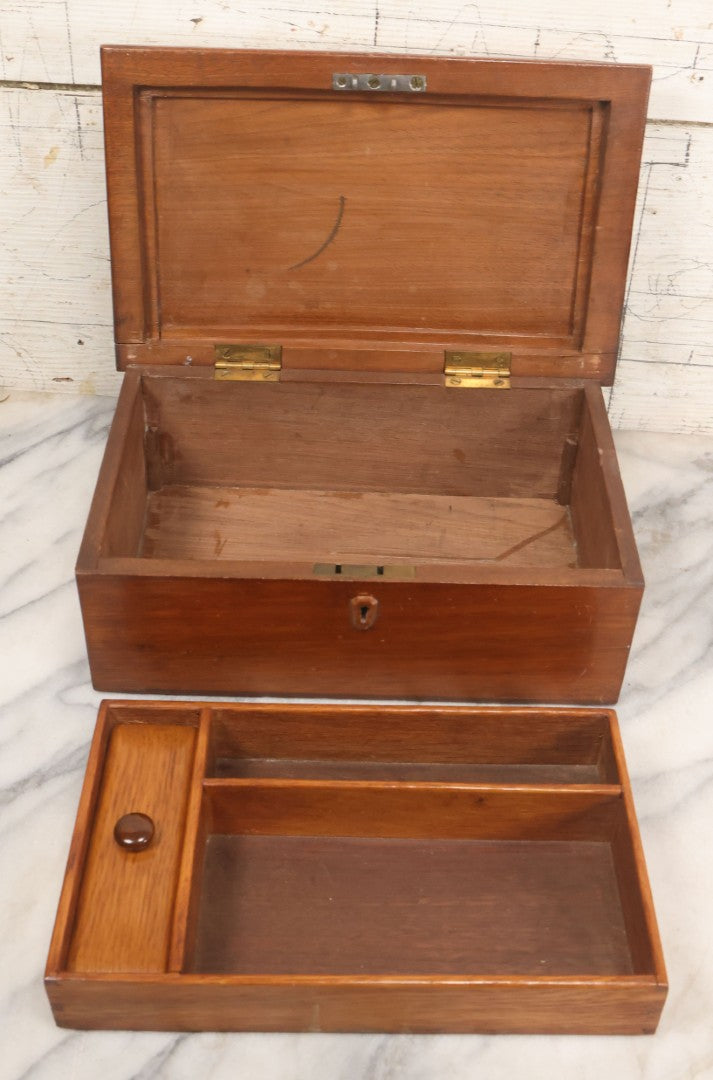 Lot 067 - Antique Handmade Wooden Desk Organizer Box With Tray Hidden In Lid, Additional Tray And Storage With Compartment On Interior, Hand Cut Wood Escutcheon