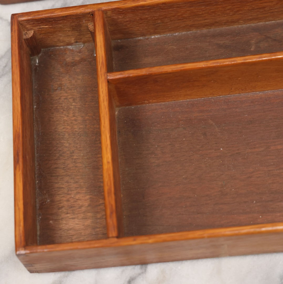 Lot 067 - Antique Handmade Wooden Desk Organizer Box With Tray Hidden In Lid, Additional Tray And Storage With Compartment On Interior, Hand Cut Wood Escutcheon