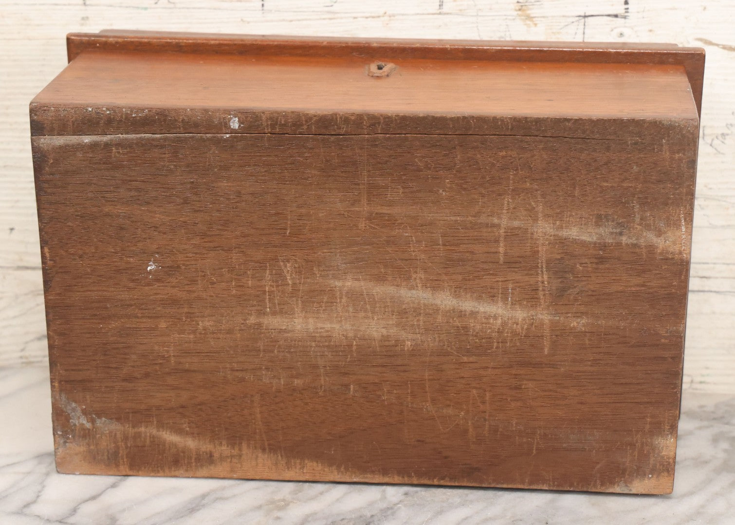 Lot 067 - Antique Handmade Wooden Desk Organizer Box With Tray Hidden In Lid, Additional Tray And Storage With Compartment On Interior, Hand Cut Wood Escutcheon