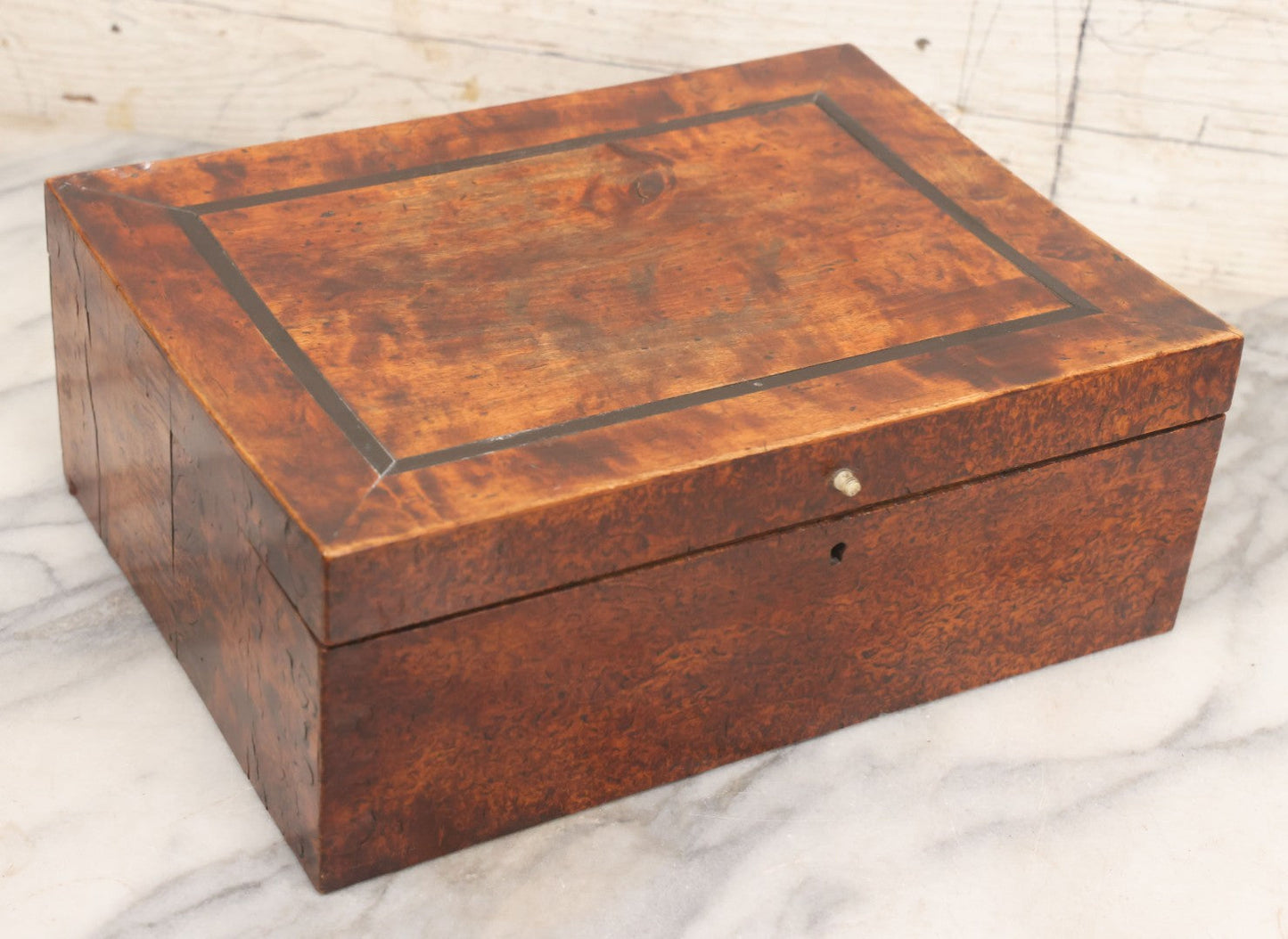 Lot 068 - Antique Burl Wood Inlaid Rectangular Box With Keyhole