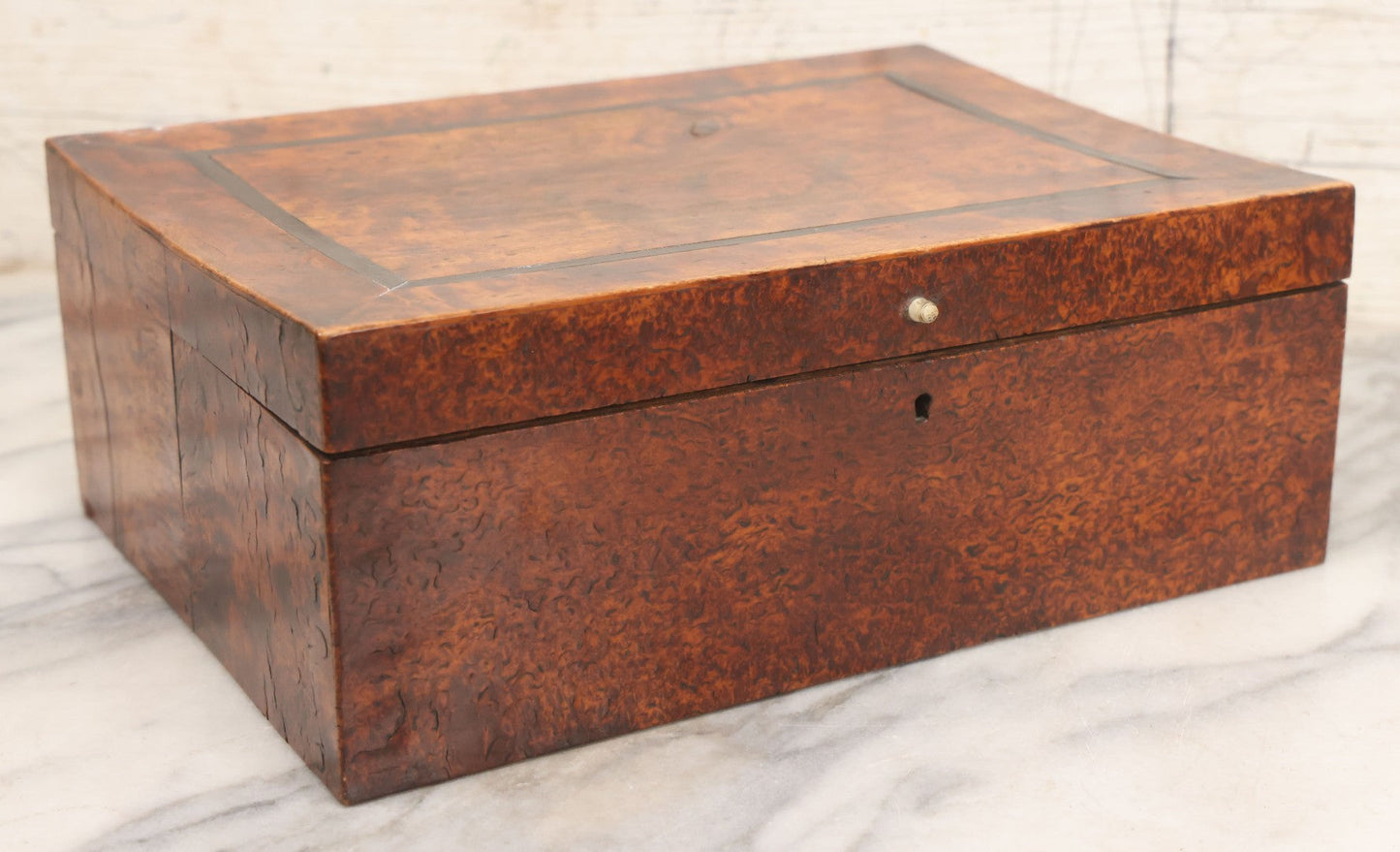 Lot 068 - Antique Burl Wood Inlaid Rectangular Box With Keyhole