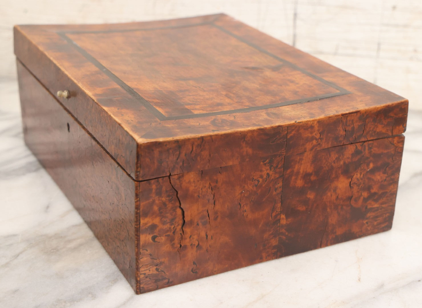 Lot 068 - Antique Burl Wood Inlaid Rectangular Box With Keyhole
