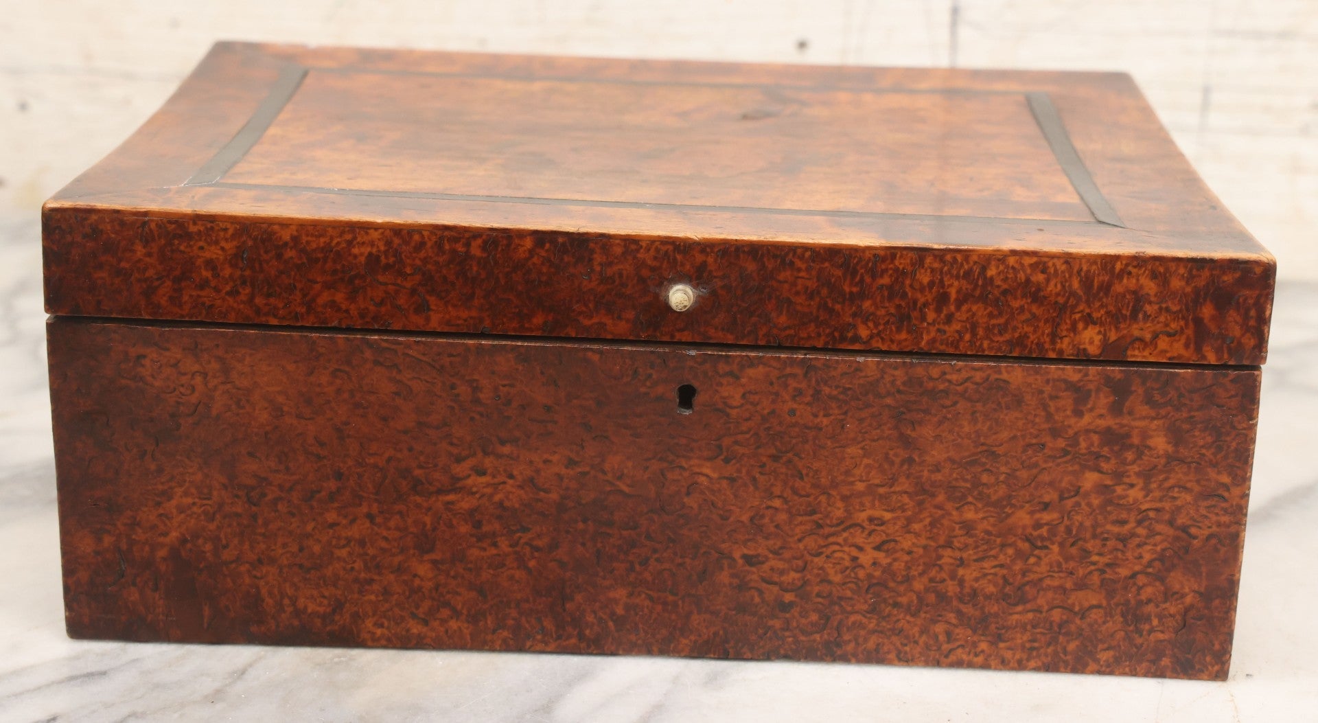 Lot 068 - Antique Burl Wood Inlaid Rectangular Box With Keyhole