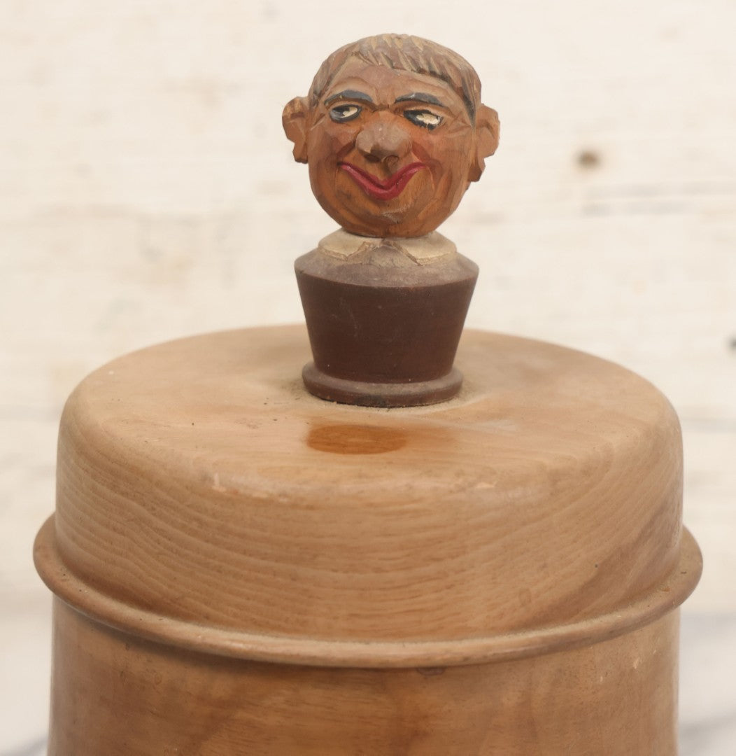 Lot 069 - Antique Folk Art Humidor With Cheeky Carved Man Head Handle On Lid, Divided Interior