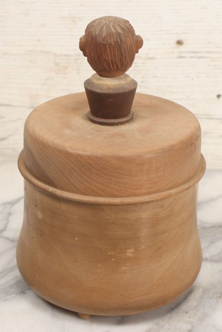 Lot 069 - Antique Folk Art Humidor With Cheeky Carved Man Head Handle On Lid, Divided Interior