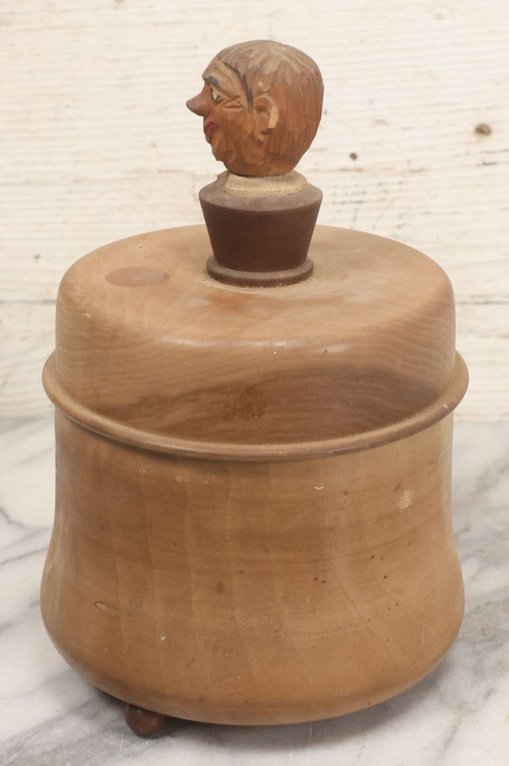 Lot 069 - Antique Folk Art Humidor With Cheeky Carved Man Head Handle On Lid, Divided Interior