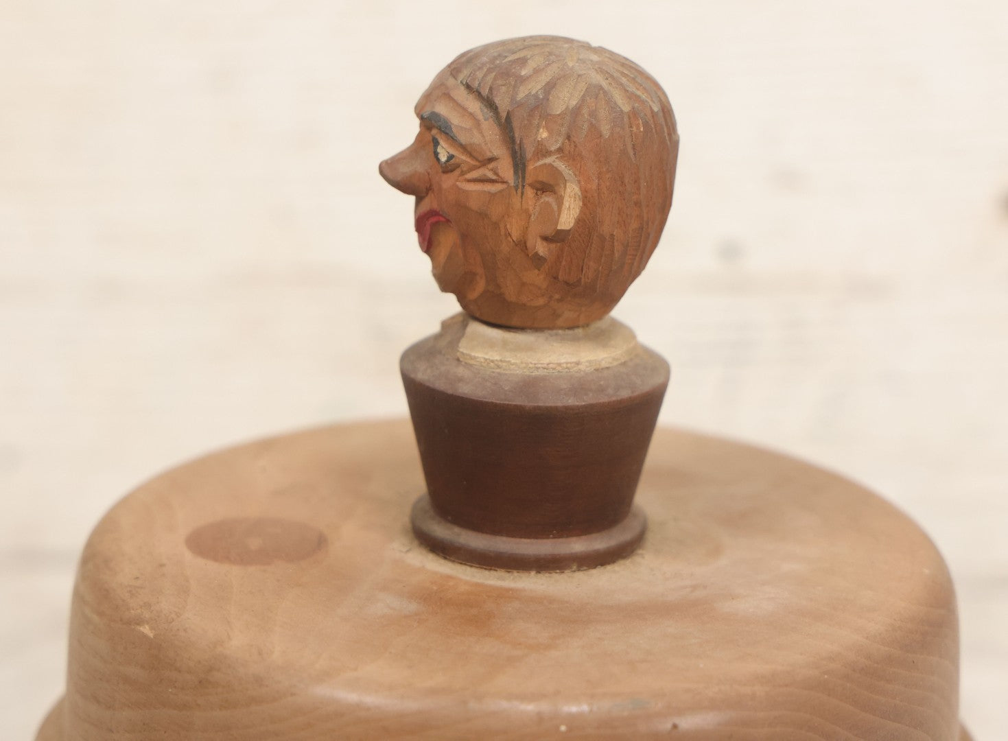 Lot 069 - Antique Folk Art Humidor With Cheeky Carved Man Head Handle On Lid, Divided Interior