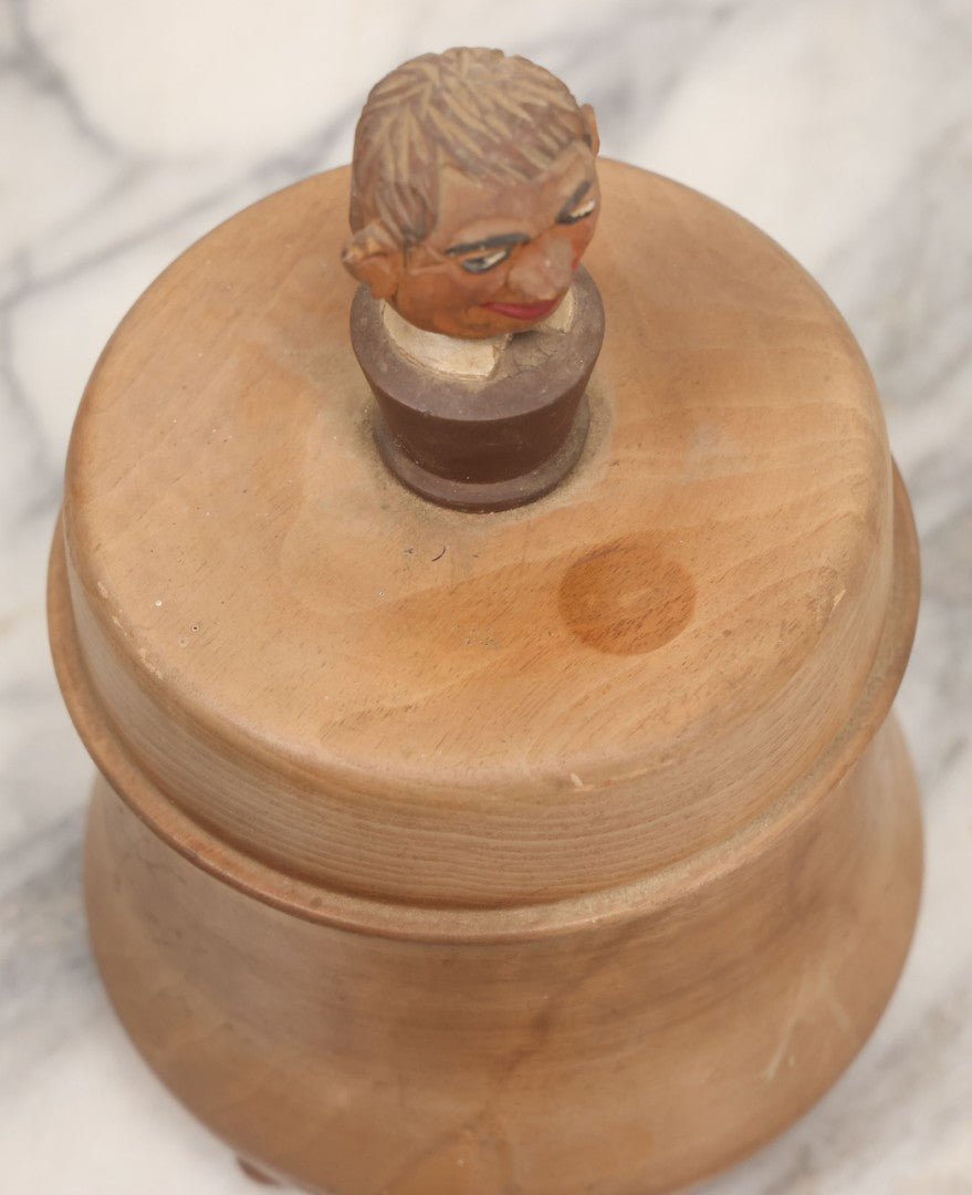 Lot 069 - Antique Folk Art Humidor With Cheeky Carved Man Head Handle On Lid, Divided Interior