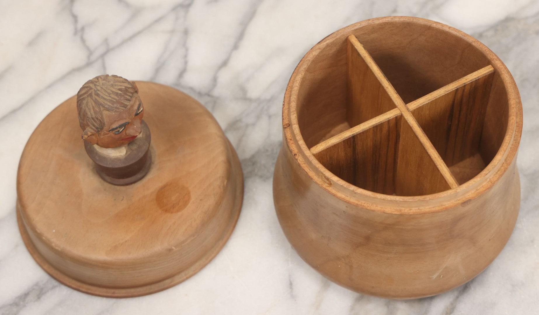 Lot 069 - Antique Folk Art Humidor With Cheeky Carved Man Head Handle On Lid, Divided Interior