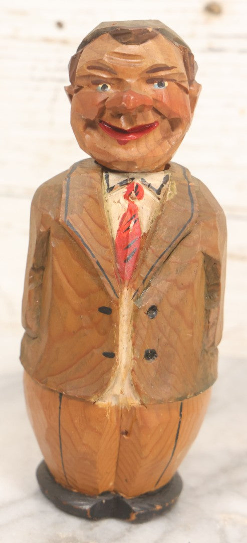 Lot 071 - Vintage Hand Carved Novelty Folk Art Man Bottle Opener Corkscrew, Corkscrew Attached To Head, Made In Italy