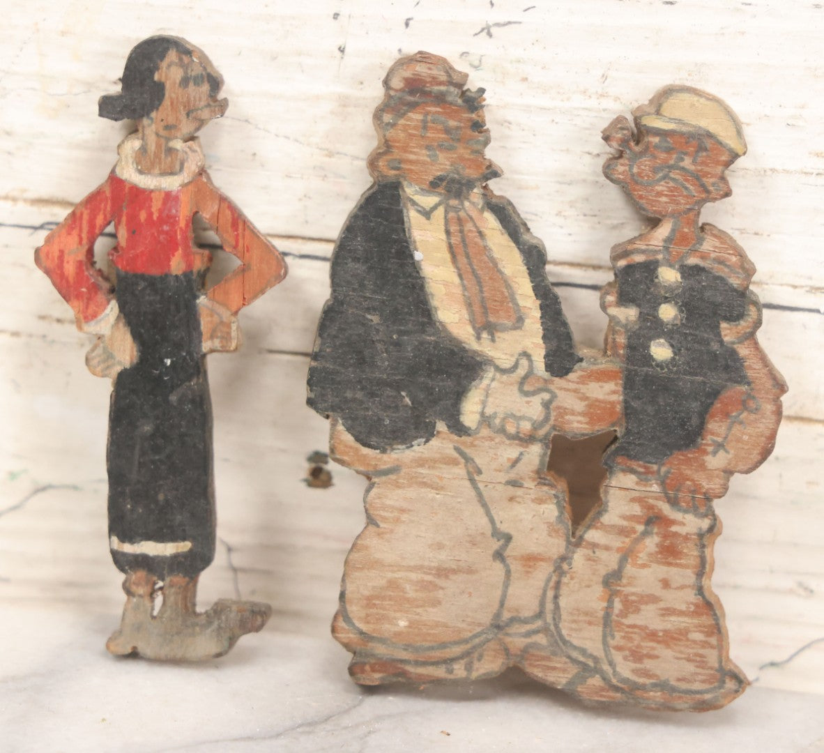 Lot 072 - Pair Of Vintage Folk Art Scroll Cut Wood Hand Painted Figurines Of Popeye, Olive Oyl, As Found