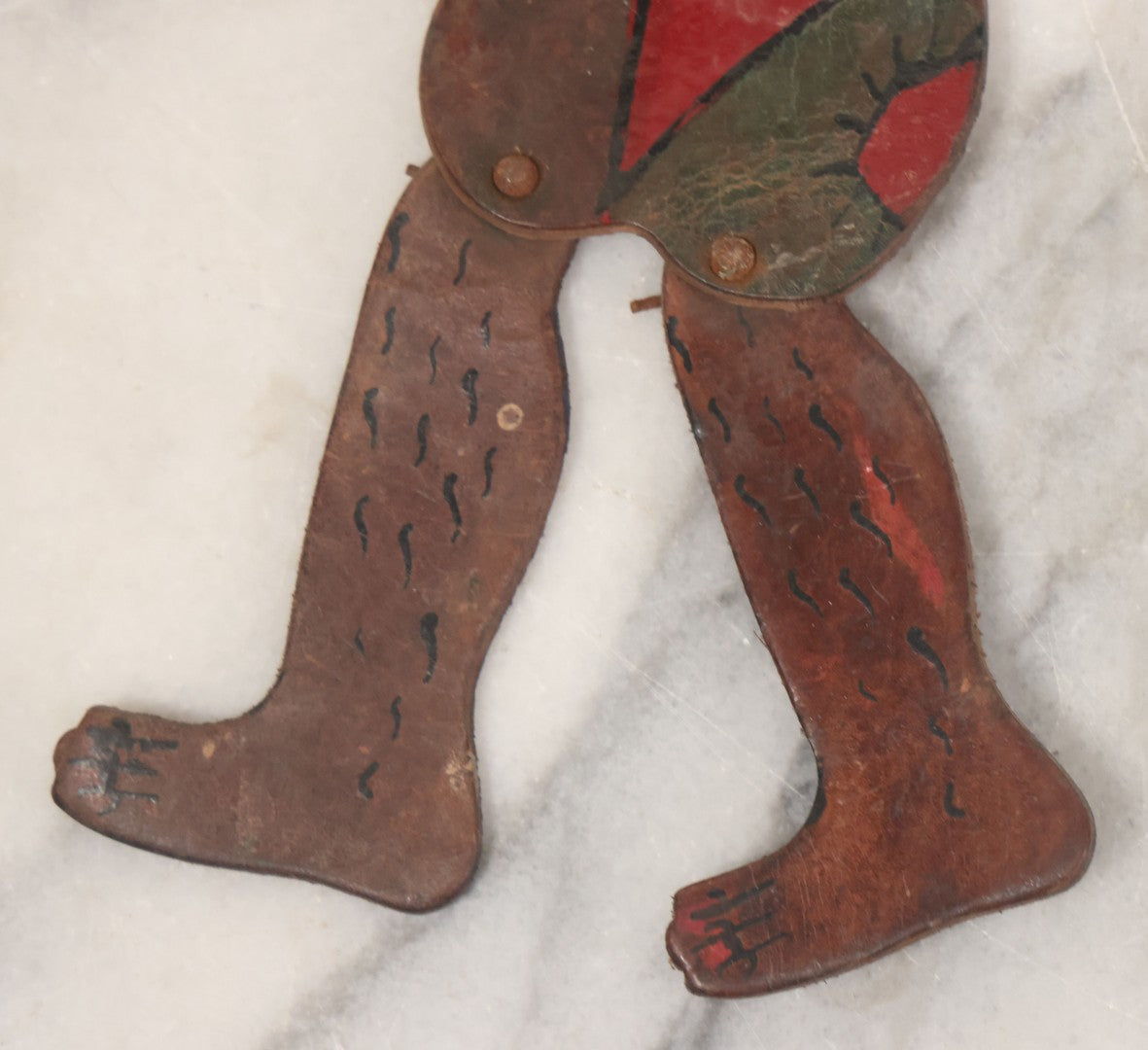 Lot 073 - Antique Hand Cut, Hand Painted Leather Jointed Puppet With Hair Legs