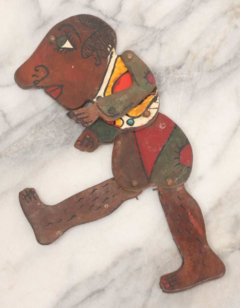 Lot 073 - Antique Hand Cut, Hand Painted Leather Jointed Puppet With Hair Legs