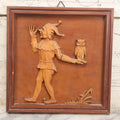 Lot 074 - Vintage Hand Carved German Folk Art Wall Hanger, Jester Holding Owl Cocking A Snook, 9-1/2" x 9-1/2"