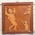 Lot 075 - Vintage Hand Carved German Folk Art Wall Hanger, Hunter Smoking Pipe Held Hostage By Rabbit With Gun, 9-1/2" x 9-1/2"