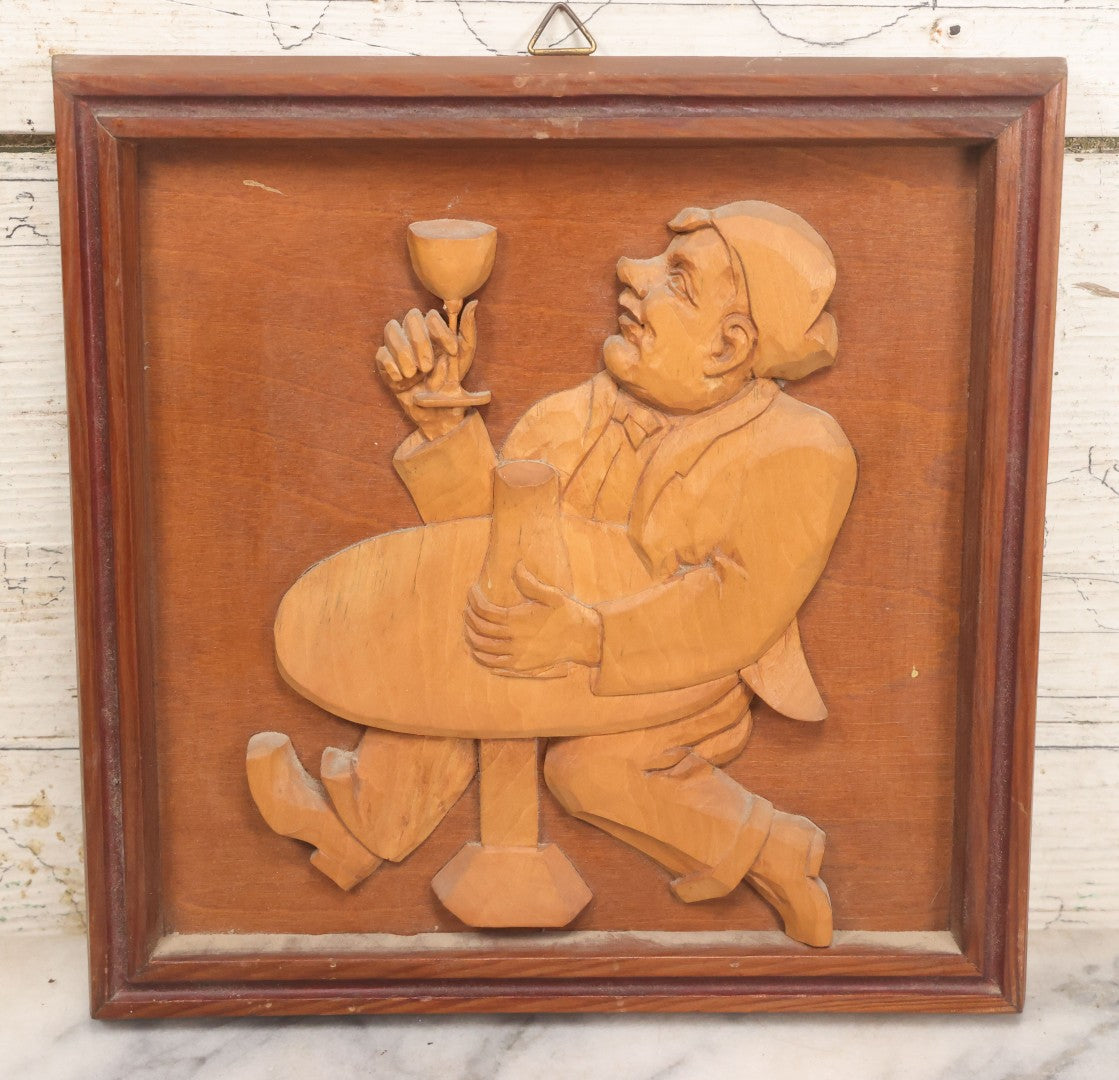 Lot 077 - Vintage Hand Carved German Folk Art Wall Hanger, Drunkard Drinking At Table
