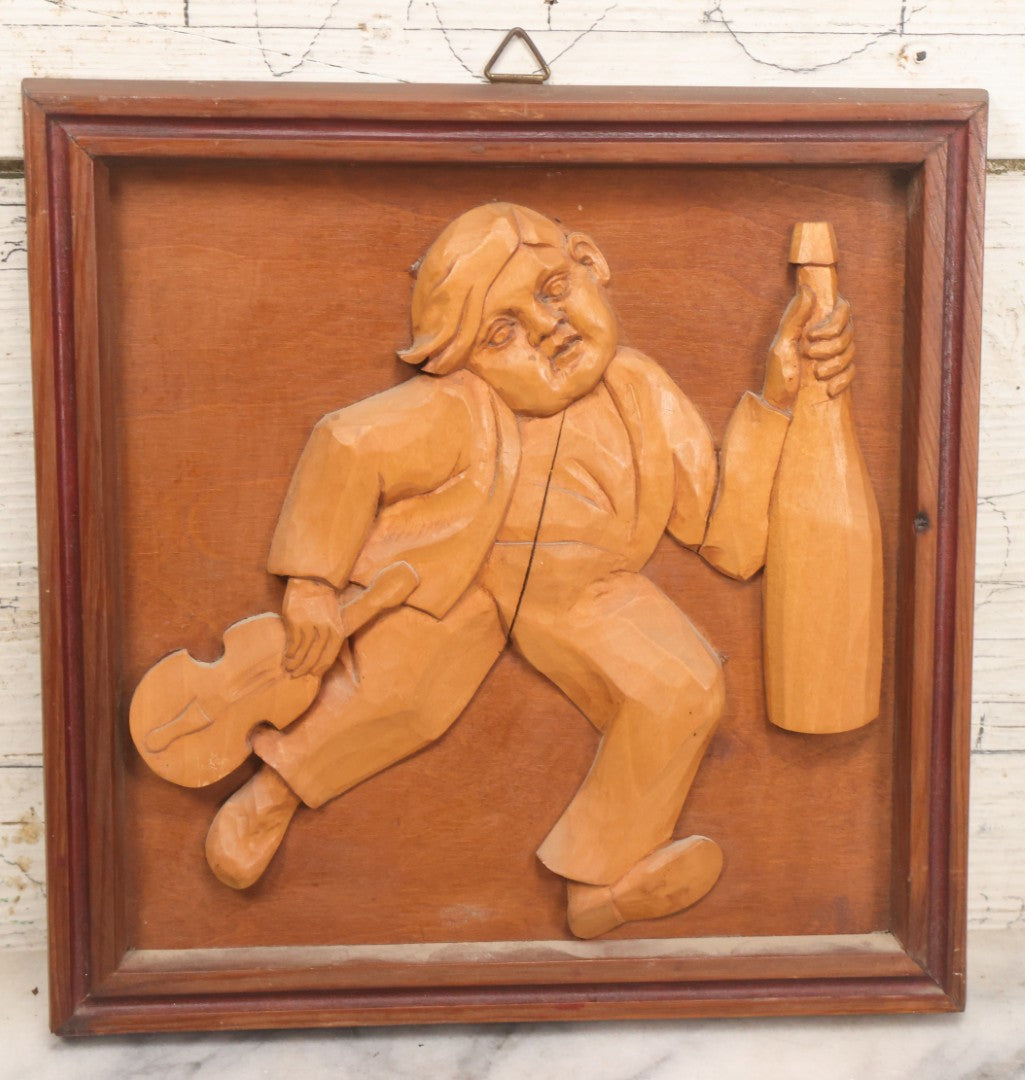 Lot 078 - Vintage Hand Carved German Folk Art Wall Hanger, Young Drunk Boy With Violin, Liquor Bottle