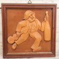 Lot 078 - Vintage Hand Carved German Folk Art Wall Hanger, Young Drunk Boy With Violin, Liquor Bottle, 9-1/2" x 9-1/2"