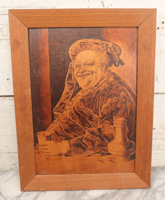 Lot 079 - Antique Wood Burned Pyrography German Folk Art, Sir John Falstaff Salzbrand Study After Grützner,Johann Schrödel Augsburg, Bavaria