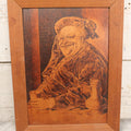 Lot 079 - Antique Wood Burned Pyrography German Folk Art, Sir John Falstaff Salzbrand Study After Grützner, Johann Schrödel Augsburg, Bavaria, 12-3/4" x 17"