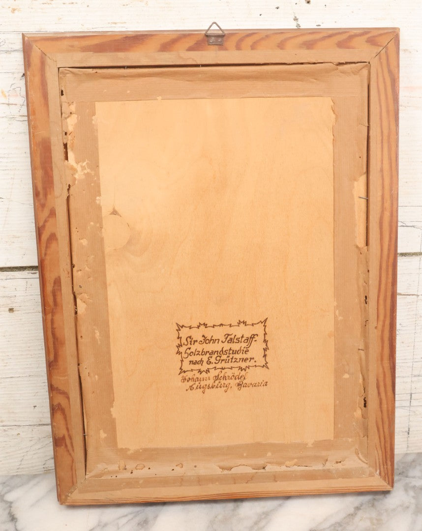 Lot 079 - Antique Wood Burned Pyrography German Folk Art, Sir John Falstaff Salzbrand Study After Grützner,Johann Schrödel Augsburg, Bavaria