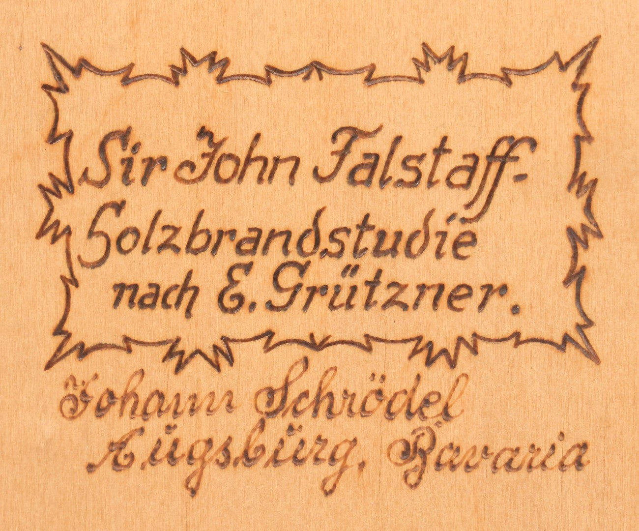 Lot 079 - Antique Wood Burned Pyrography German Folk Art, Sir John Falstaff Salzbrand Study After Grützner,Johann Schrödel Augsburg, Bavaria