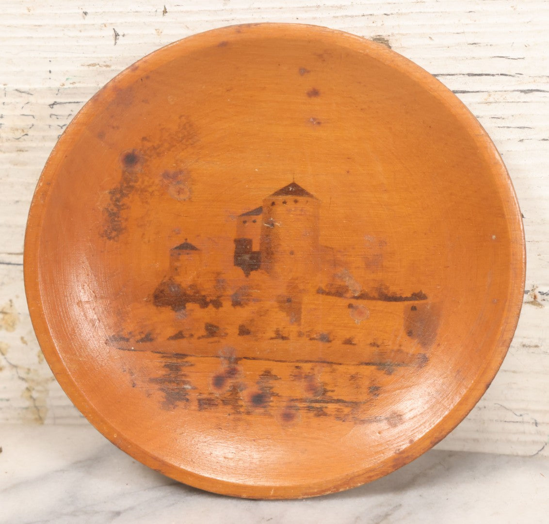 Lot 080 - Vintage Wood Burner Pyrography Folk Art Tray Depicting Olavinlinna Castle, Savonlinna, Finland, Given As Gift, 1974