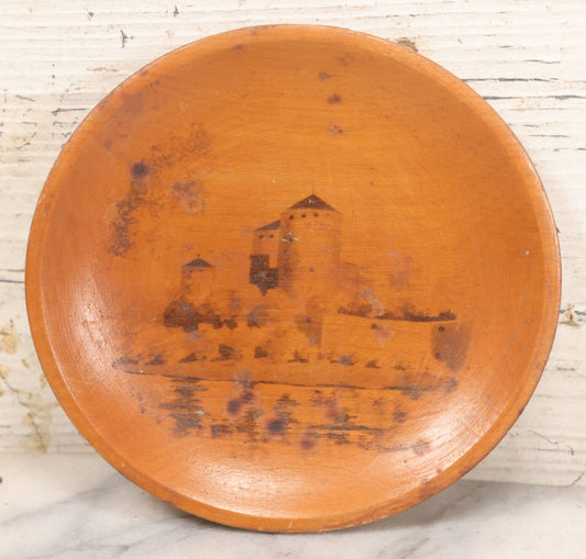 Lot 080 - Vintage Wood Burner Pyrography Folk Art Tray Depicting Olavinlinna Castle, Savonlinna, Finland, Given As Gift, 1974